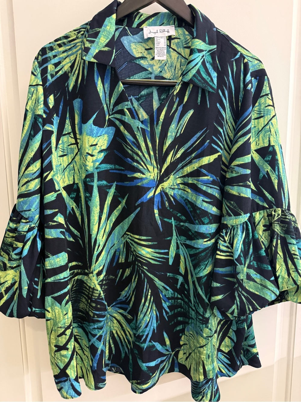 Joseph Ribkoff Tropical Leaf Blouse Tunic Top Balloon Sleeve Size 18